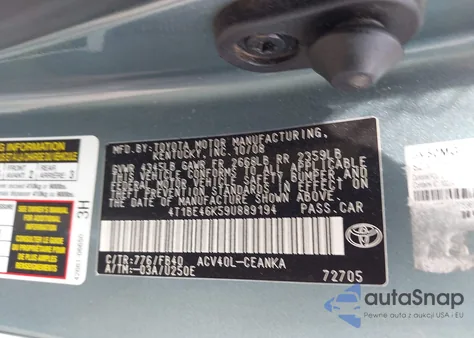 2009 Toyota Camry Le из США, поврежденный, VIN 4T1BE46K59U889194